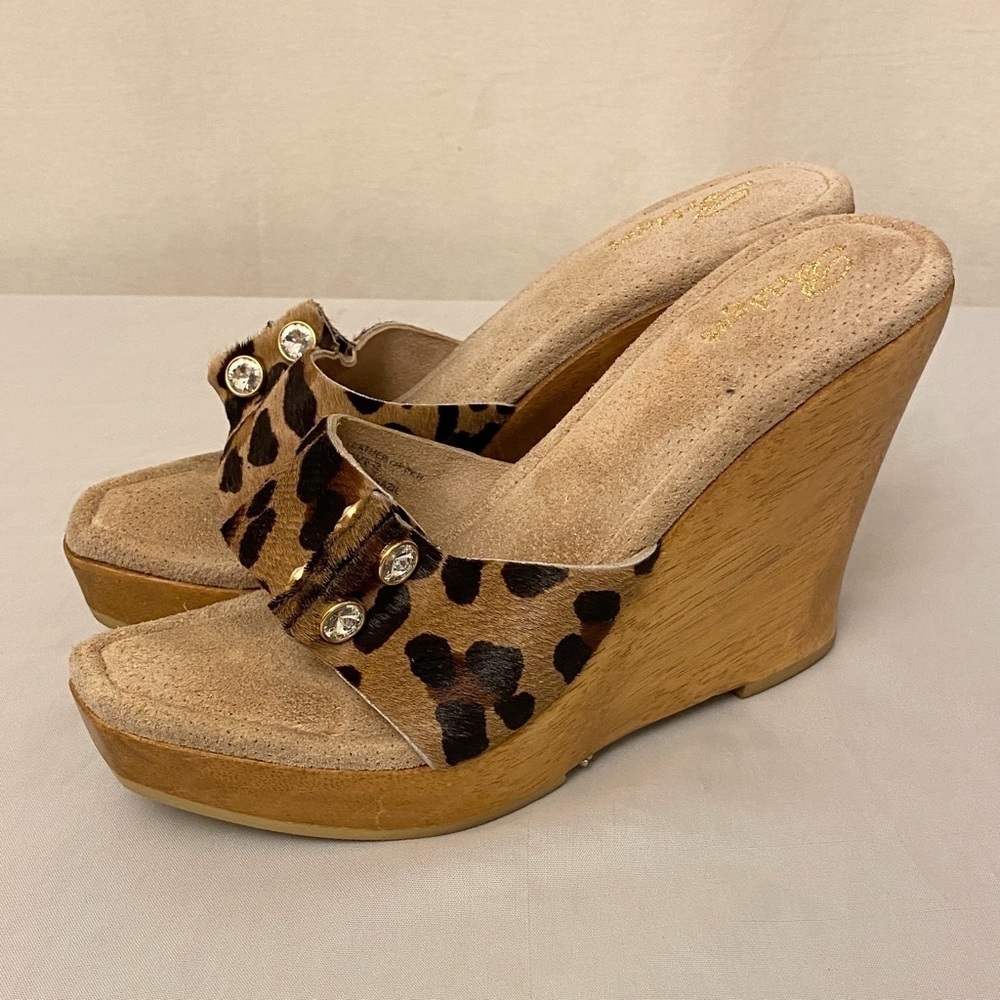 Bridget Glitz Wood Platform Sandals Animal Print Rhinestones Leather Shoes Sz 8 - Picture 12 of 12